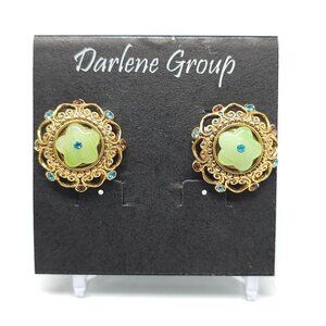 Vintage Darlene Group Earrings Gold Tone Green Flower Bead Rhinestones